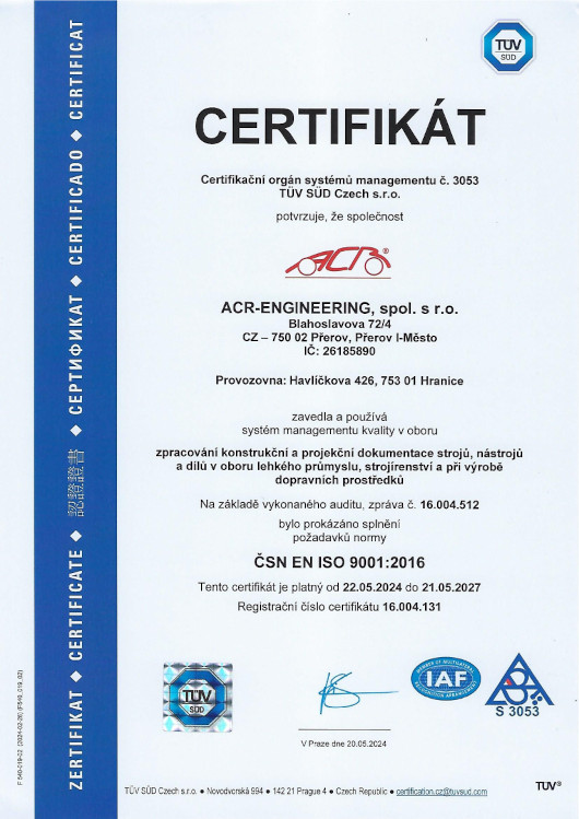 Certifikt ISO 9001 ACR-Engineering
