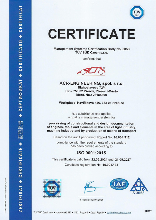 Certifikt ISO 9001 ACR-Engineering
